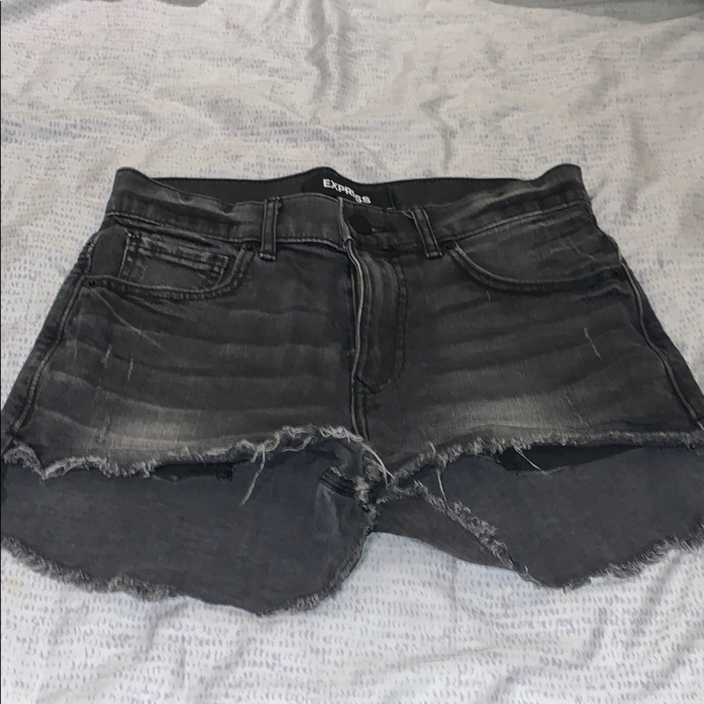 Express shorty high rise distressed faded black Jean shorts 2